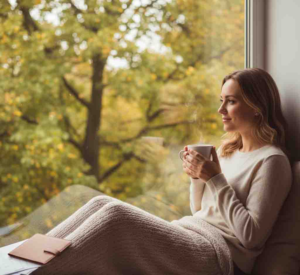 Tranquil moment of shifting from perfectionist planning to mindful self-reflection