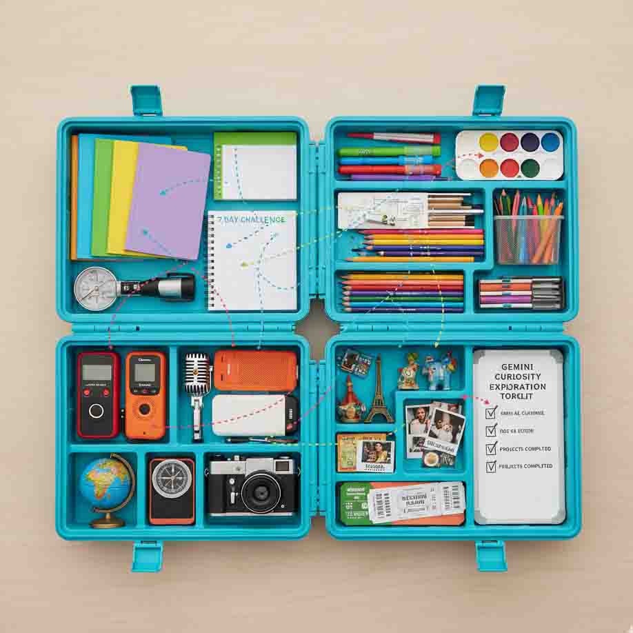 Gemini self-discovery diverse toolkit overhead shot