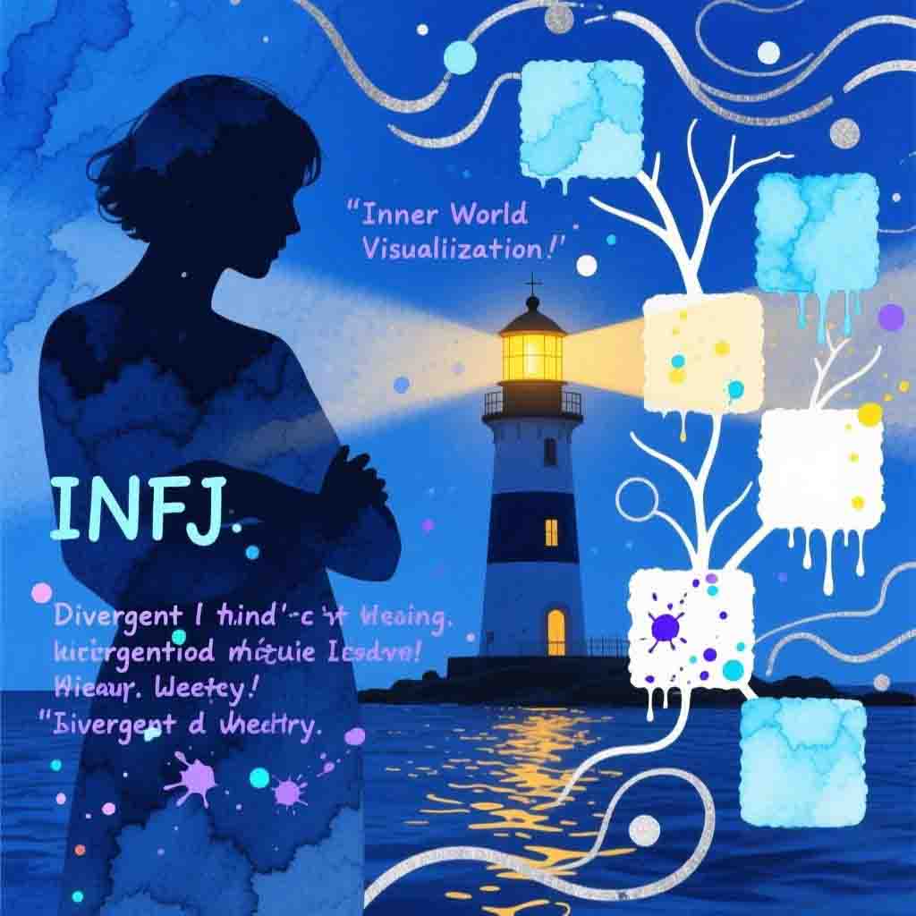 INFJ personality inner world double exposure visualization, showing deep thinking and emotional connection needs