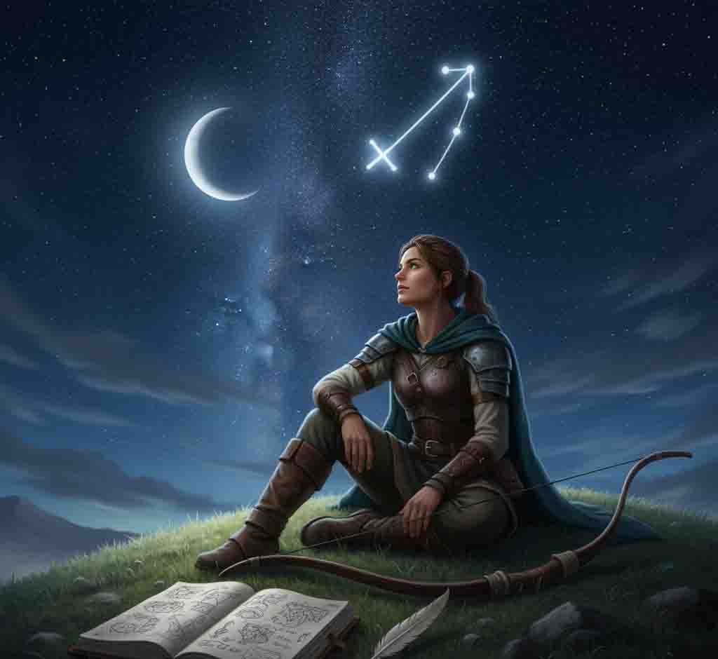 Sagittarius contemplative rest under stars, balancing adventure with inner peace
