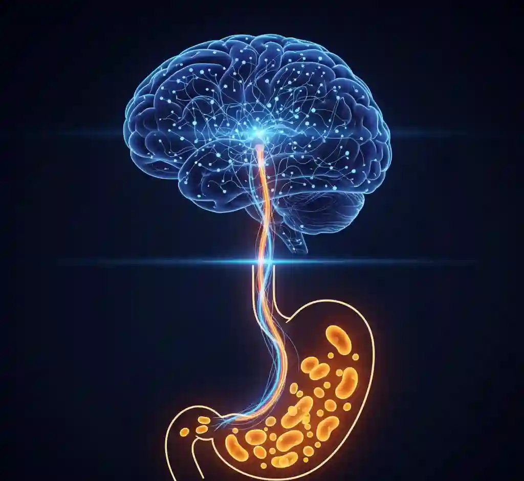 An artistic illustration showing a glowing connection between a human brain and the stomach, representing the vagus nerve.
