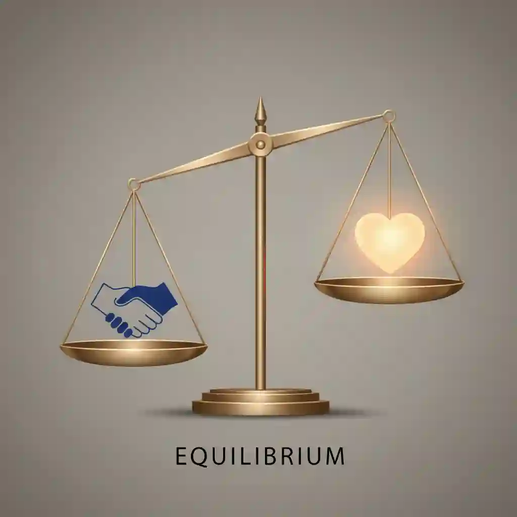 A stylized, balanced scale with one side holding a talking icon and the other holding a heart icon, symbolizing negotiation and emotional truth.
