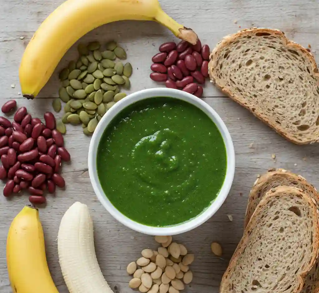 A visually appealing arrangement of magnesium-rich and B-vitamin foods like pumpkin seeds, leafy greens, and legumes.