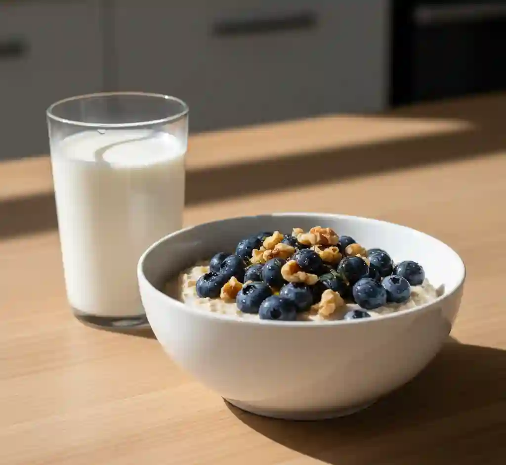 A top-down view of a healthy oatmeal bowl topped with blueberries, walnuts, and kefir, placed on a rustic wooden table.