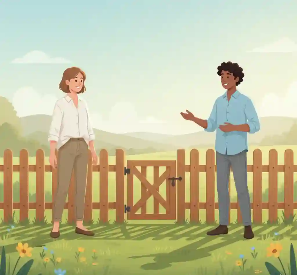 Two individuals standing near a low, visible boundary fence with a soft, open gate, symbolizing clear but warm relationship boundaries.