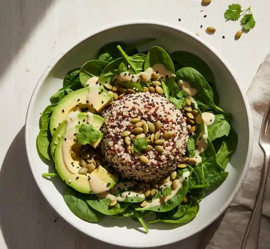 Anxiety relief food bowl spinach quinoa avocado pumpkin seeds