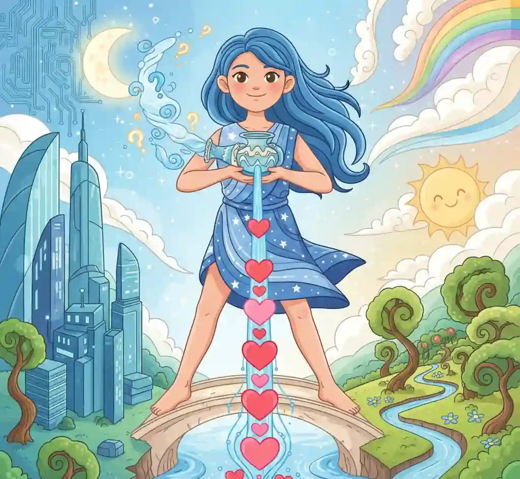 Aquarius connecting innovative thinking with emotional understanding cartoon illustration