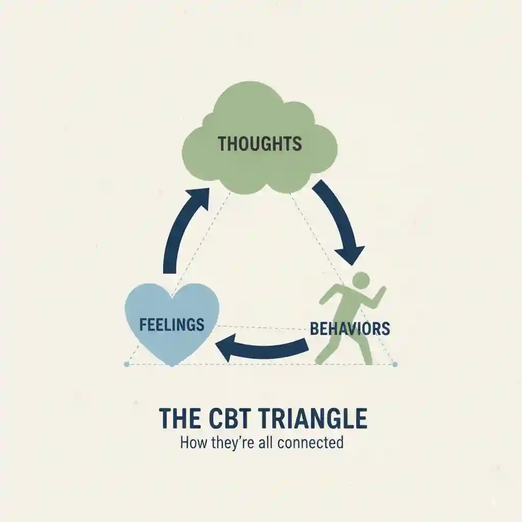 A minimalist illustration demonstrating the cycle of thoughts, feelings, and behaviors, symbolizing cognitive behavioral therapy techniques.