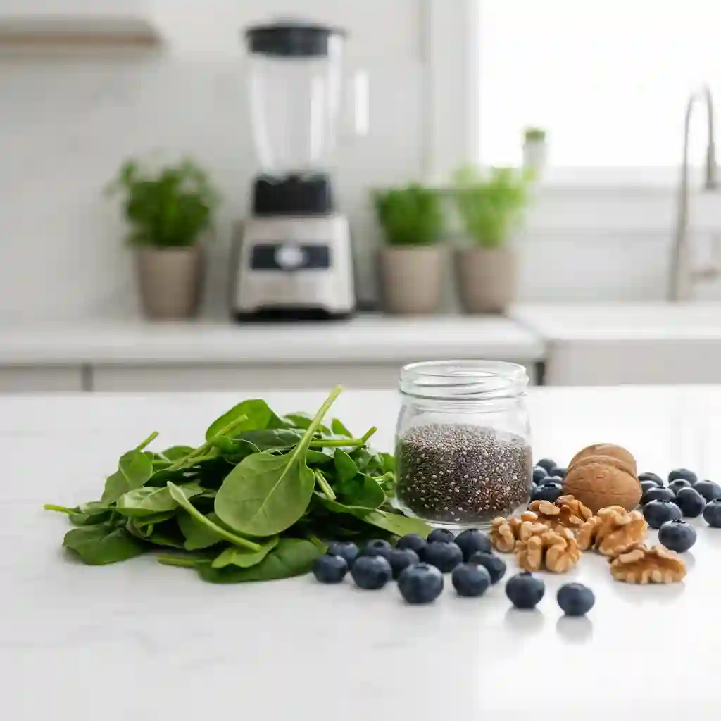 Fresh ingredients including spinach, salmon, walnuts, and blueberries arranged on a kitchen counter, symbolizing the gut-brain connection diet.