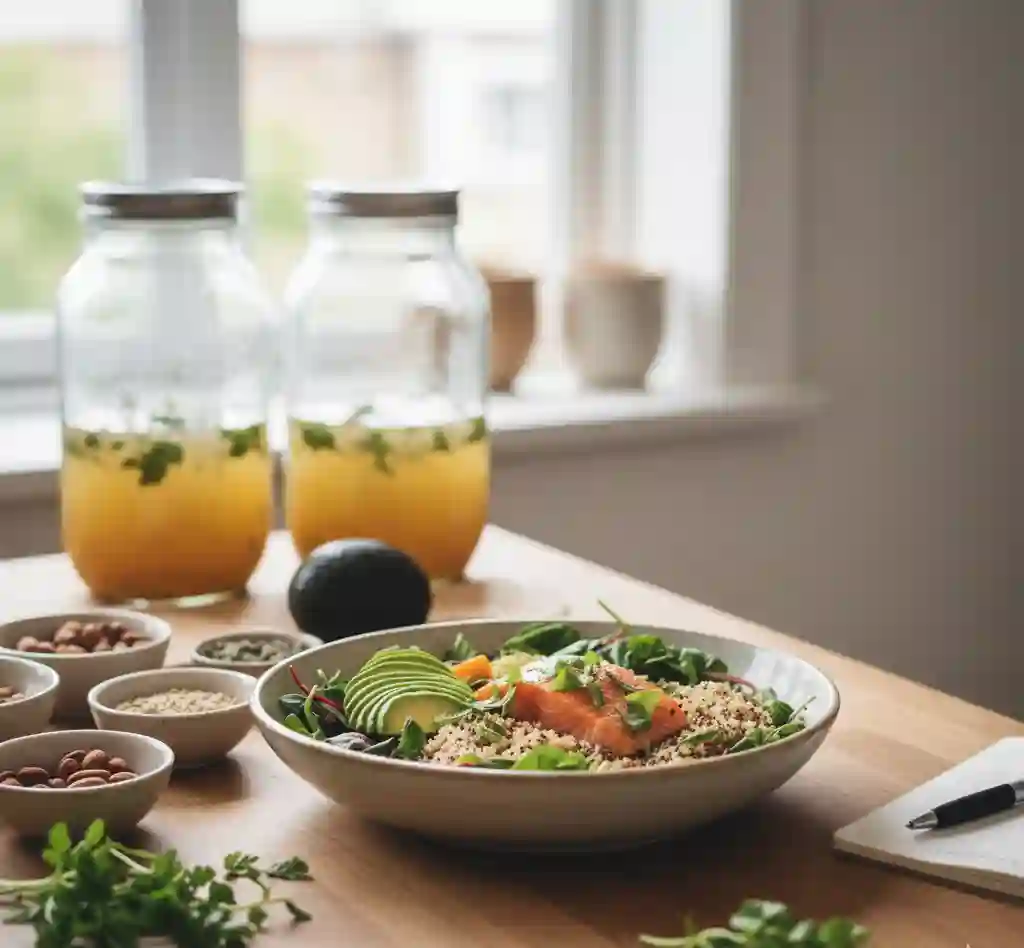 Nutritionist preparing mood supportive food bowl kitchen scene