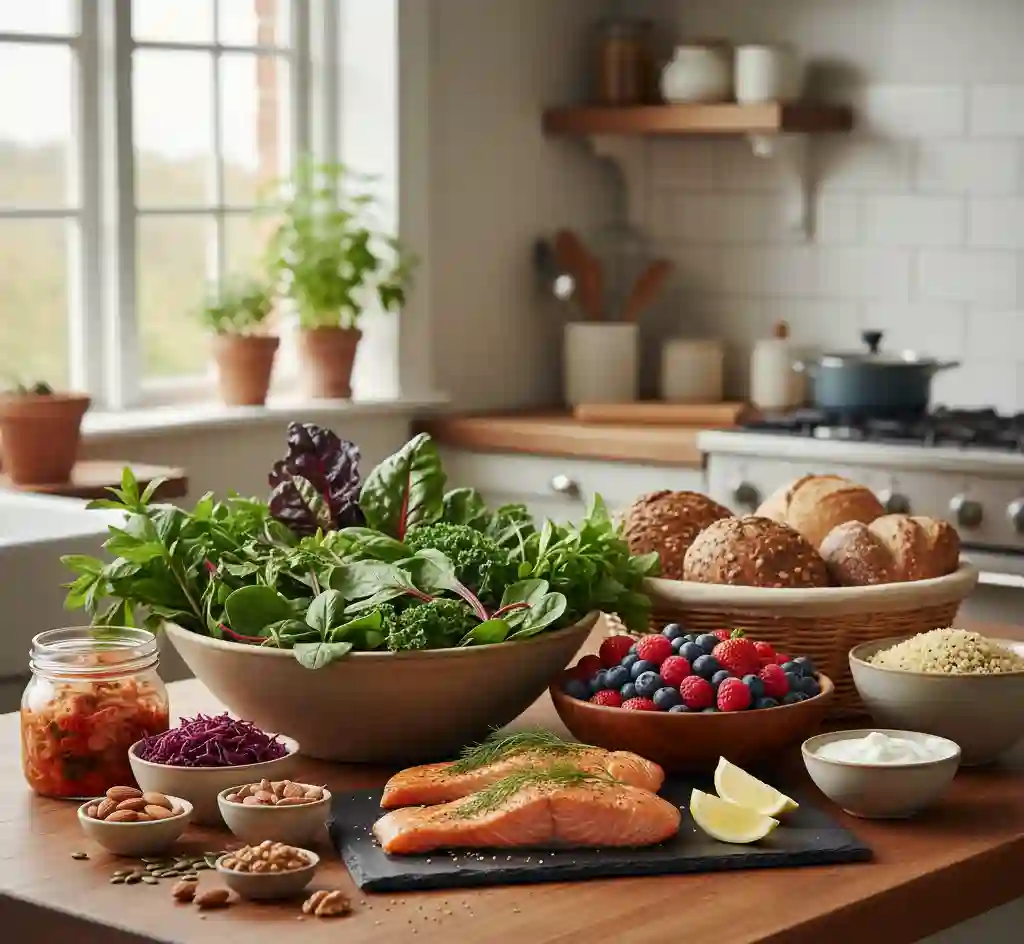 Mood supportive foods whole grains nuts vegetables berries kitchen display