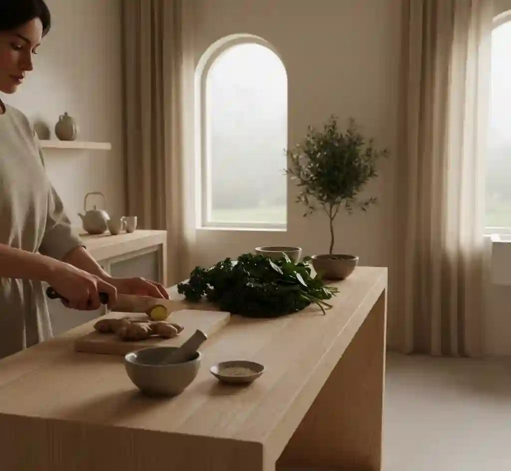 Virgo-inspired grounding cooking ritual with ginger and greens.