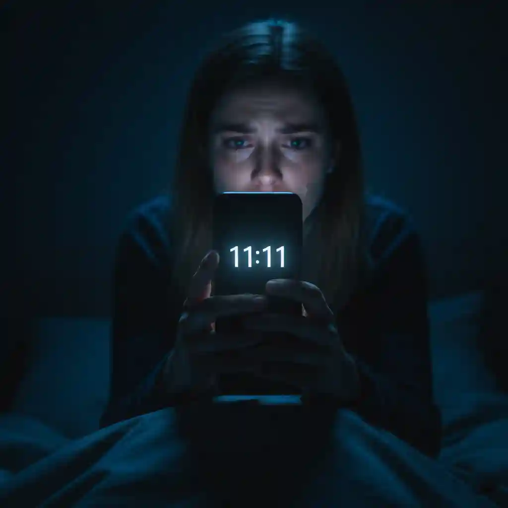 A moody, close-up shot of a smartphone screen showing 11:11 in a dark room, held by someone looking sad, representing heartbreak and signs.
