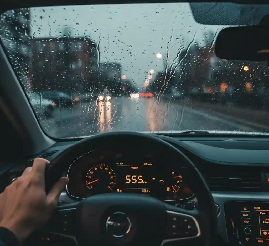 A view of a car dashboard odometer reading "555" with a blurred rainy road in the background, representing a journey through heartbreak.