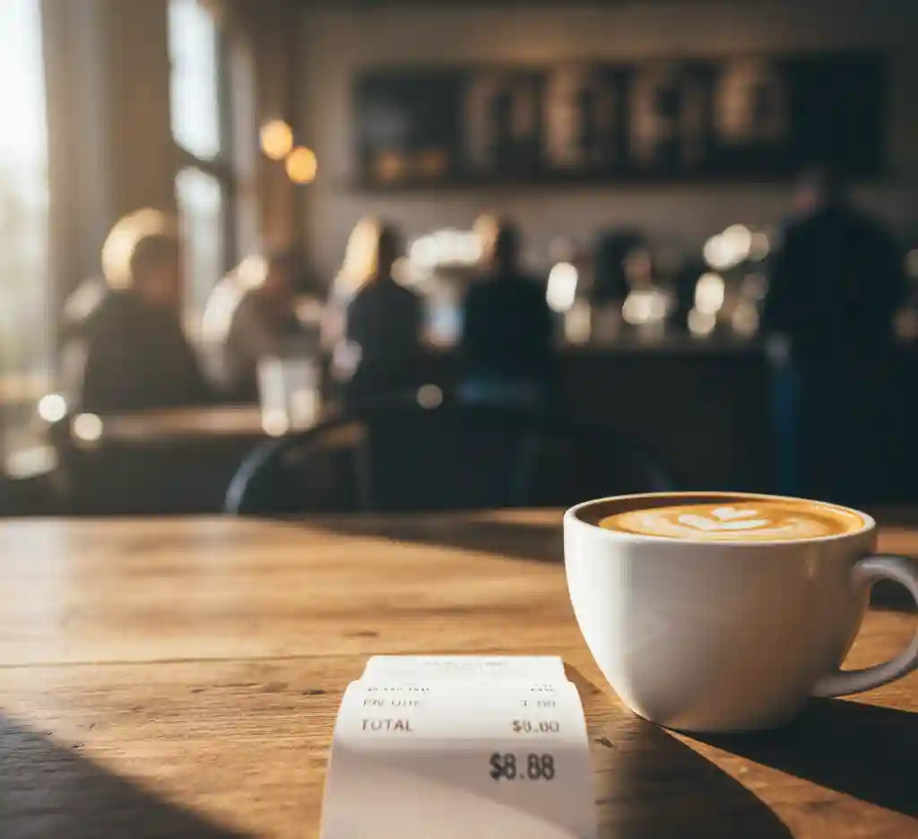 A coffee shop receipt on a table showing a total of $8.88, symbolizing daily angel number signs.