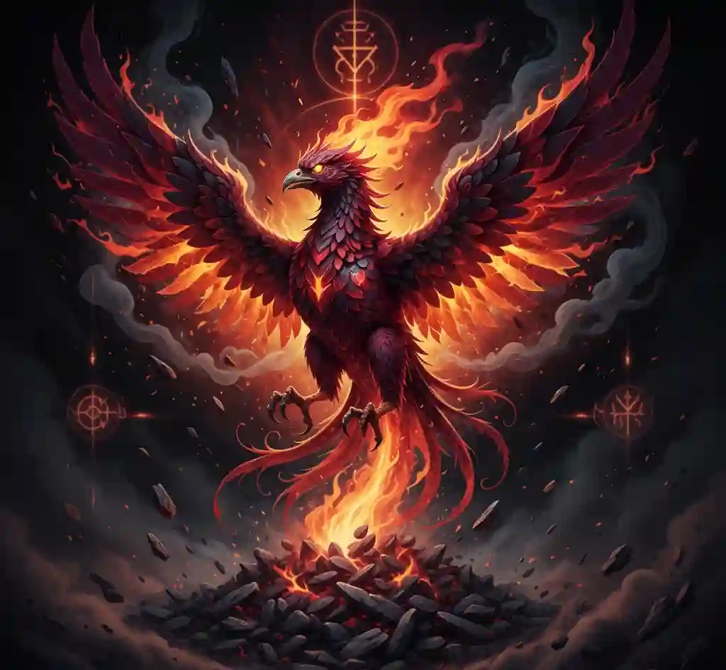 A stylized illustration of a Phoenix rising from ashes, symbolizing Scorpio's resilience and transformation.