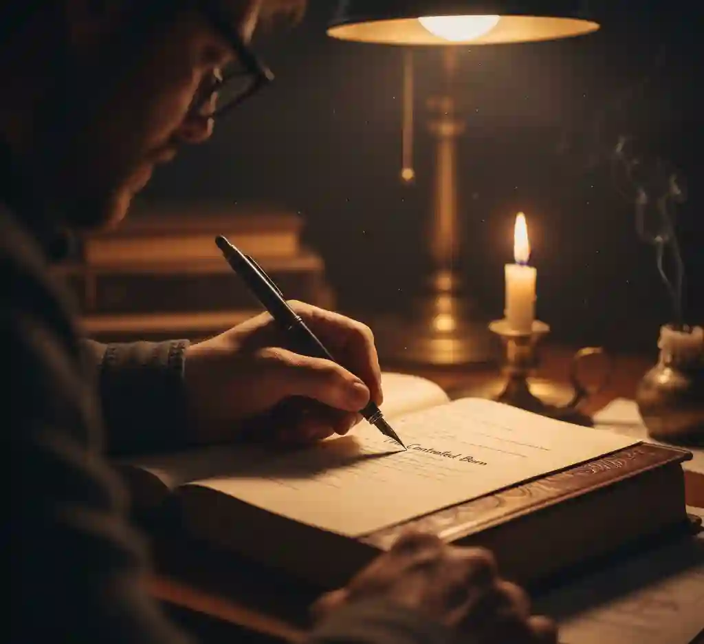 A person practicing shadow work journaling in a dimly lit, cozy room, representing emotional processing.