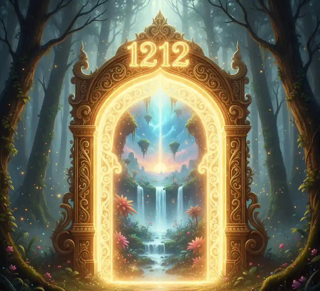 A mystical golden gateway glowing in a forest, representing the portal energy of angel number 1212.