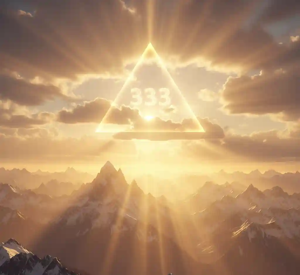 A glowing triangle formation in the clouds at sunrise, representing the holy trinity and angel number 333.
