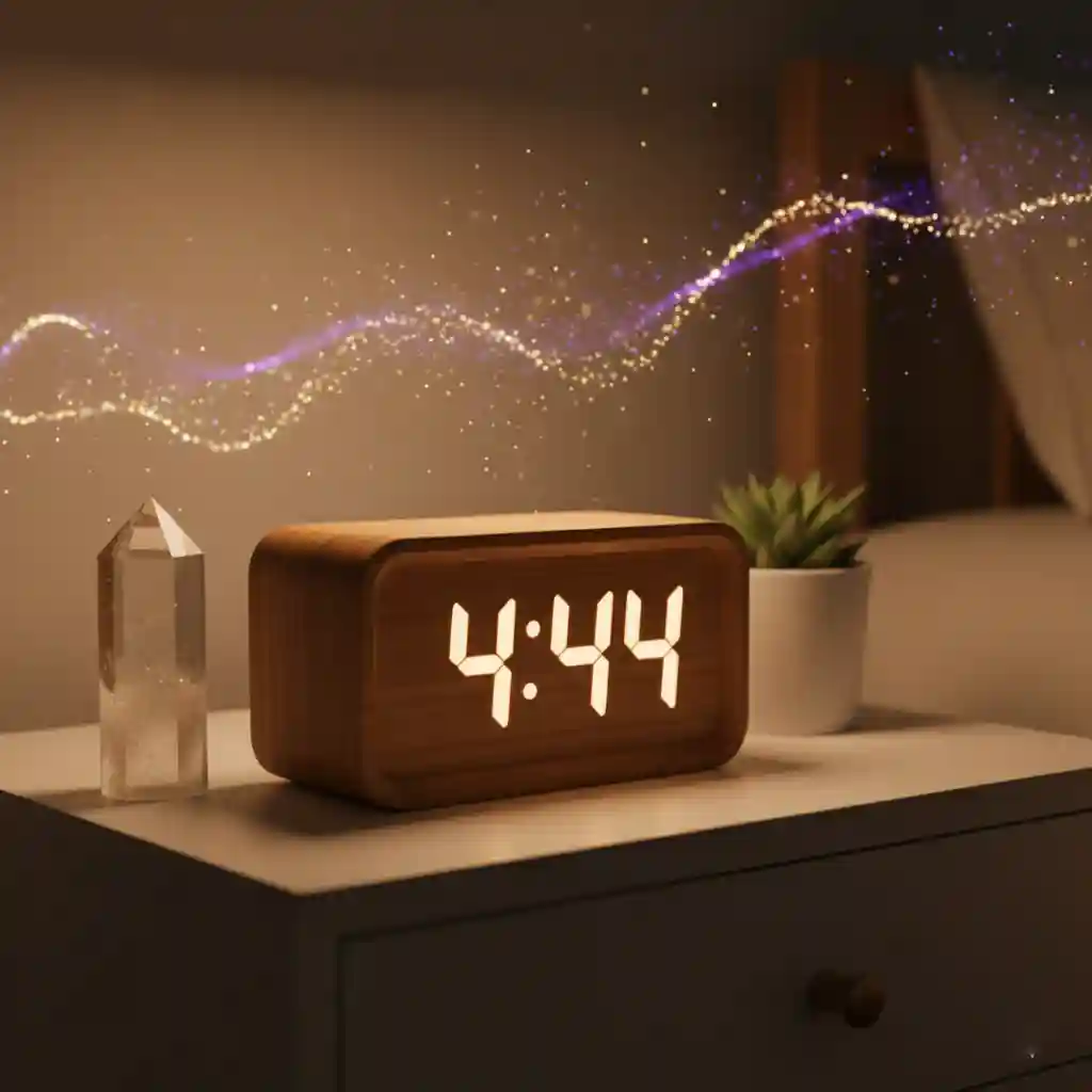 A cozy bedroom nightstand with a digital clock glowing 4:44 am, surrounded by soft magical light, representing a spiritual message.