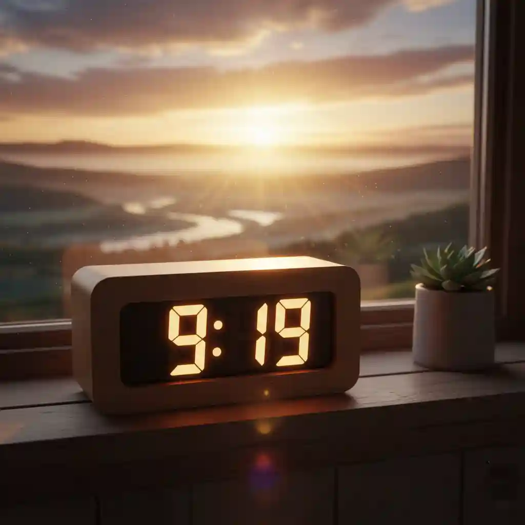 A digital alarm clock displaying 9:19 sitting on a windowsill during a beautiful sunrise, representing the dawn of a new chapter.