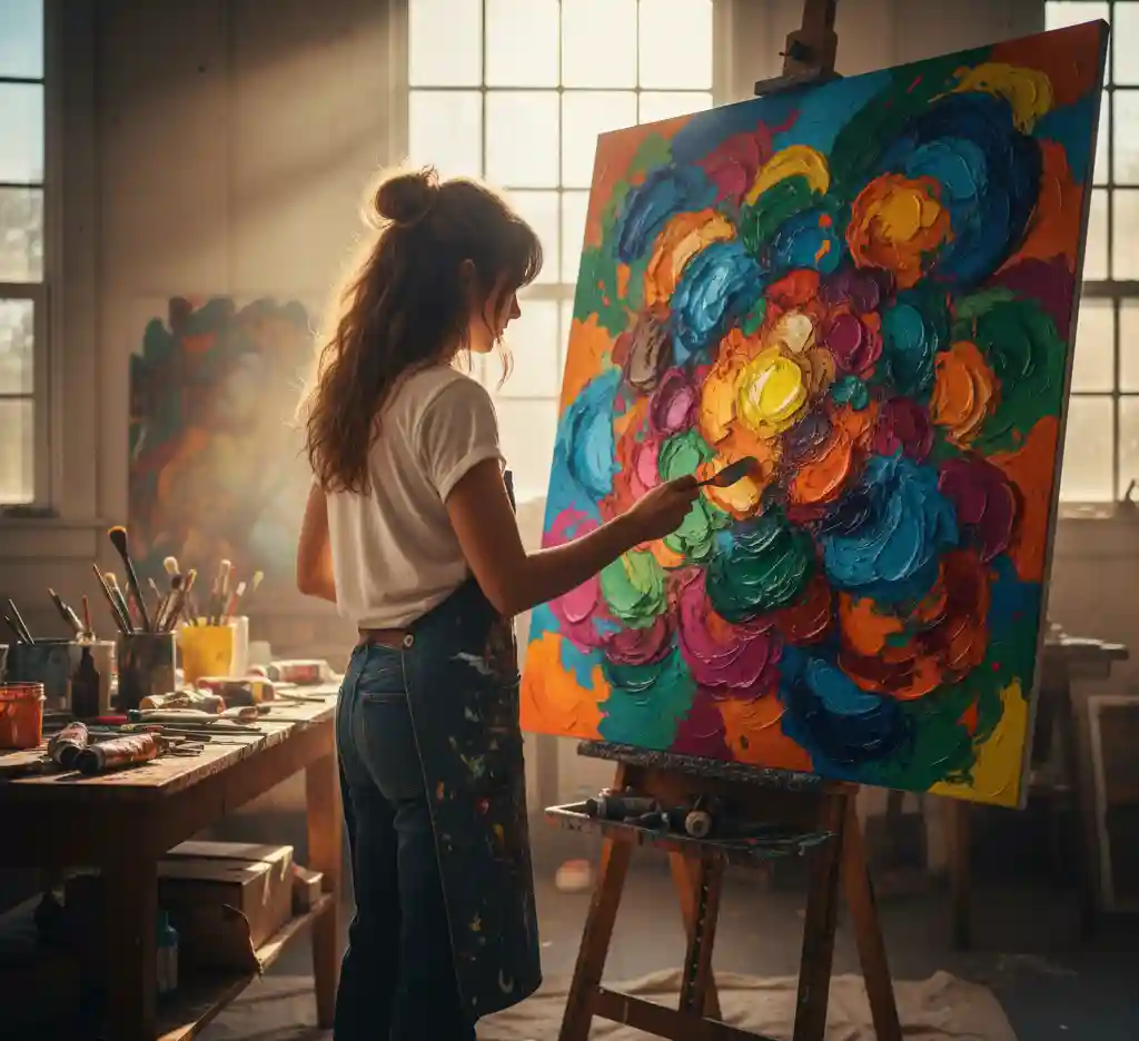 An artist painting on a canvas in a sunlit studio, representing the creative energy of angel number 333.