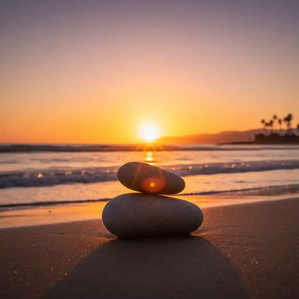 Two stones perfectly balanced on top of each other on a beach at sunset, symbolizing the balance and partnership of angel number 222.