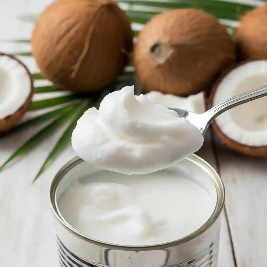 An open can of coconut milk with thick white cream on a spoon, showing a dairy-free alternative for heavy cream.