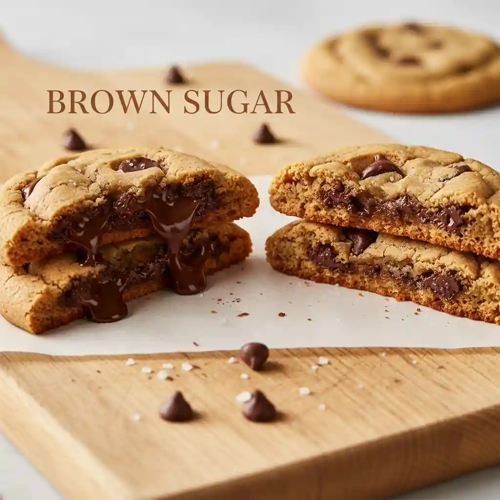 Two cookies side by side; one made with brown sugar (chewy) and one with white sugar (crispy), showing the texture difference.