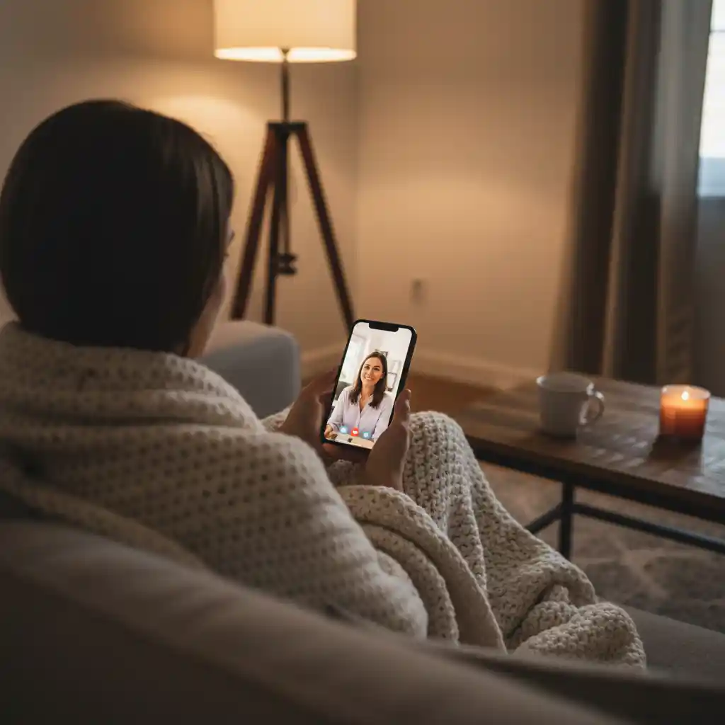 A person sitting on a sofa holding a smartphone, engaging in a video session with a therapist via an app, representing accessible mental health support.