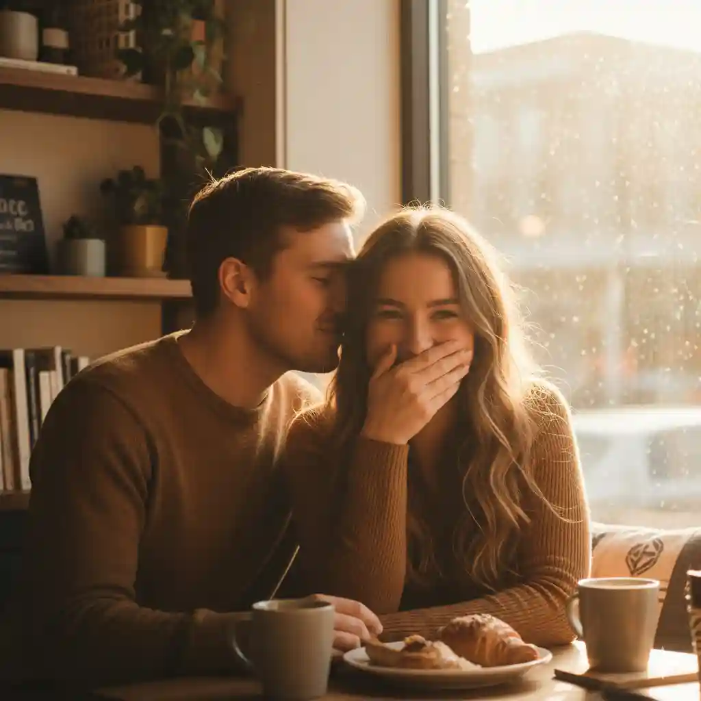 A young couple sharing a sweet moment in a cafe, the boyfriend whispering a cute nickname to his girlfriend who is smiling.