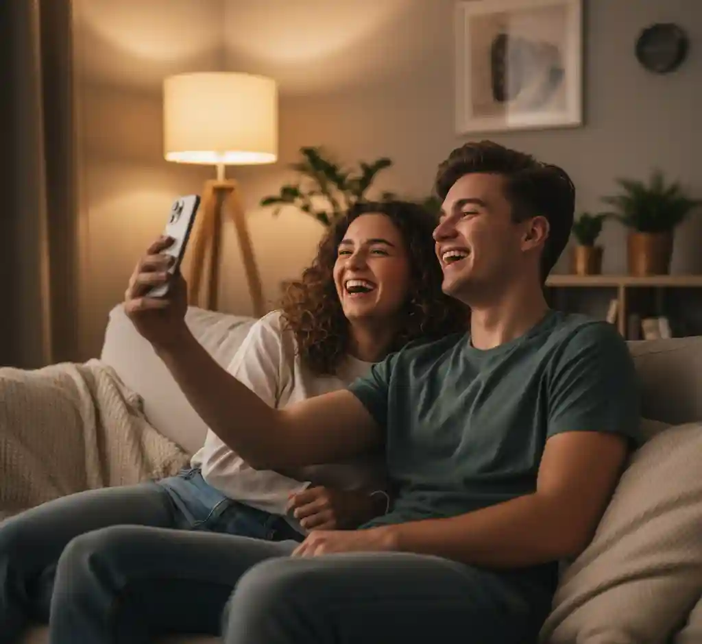 A happy young couple sitting on a couch laughing while looking at a smartphone, choosing a funny contact name.