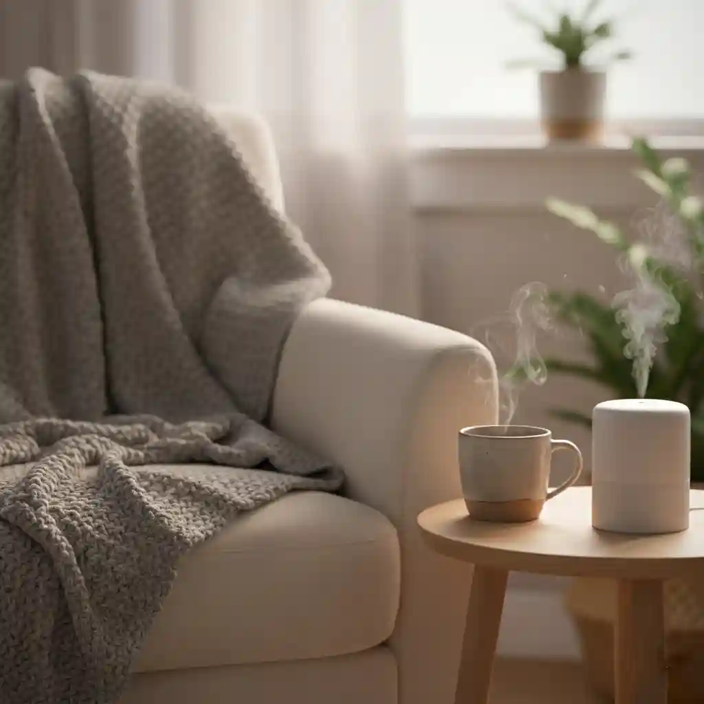 A cozy bedroom scene with a grey weighted blanket, a cup of herbal tea, and a book, representing self-care and anxiety relief.