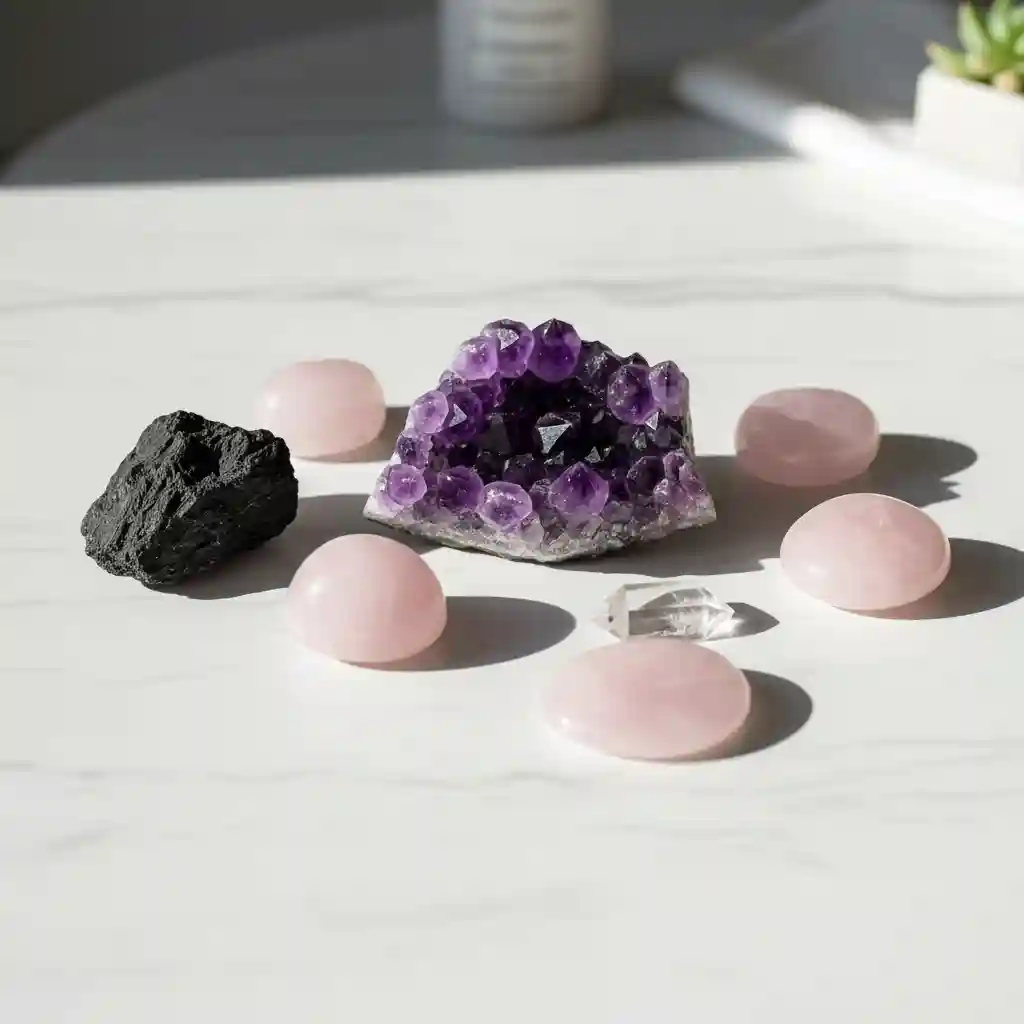 A beautiful flat-lay of amethyst, rose quartz, and black tourmaline crystals on a white marble surface, representing tools for stress relief.