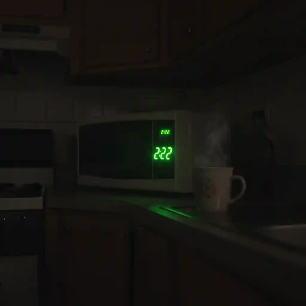A blurry, teary-eyed perspective of a microwave clock reading 2:22 in a dimly lit kitchen, representing sadness and hope.
