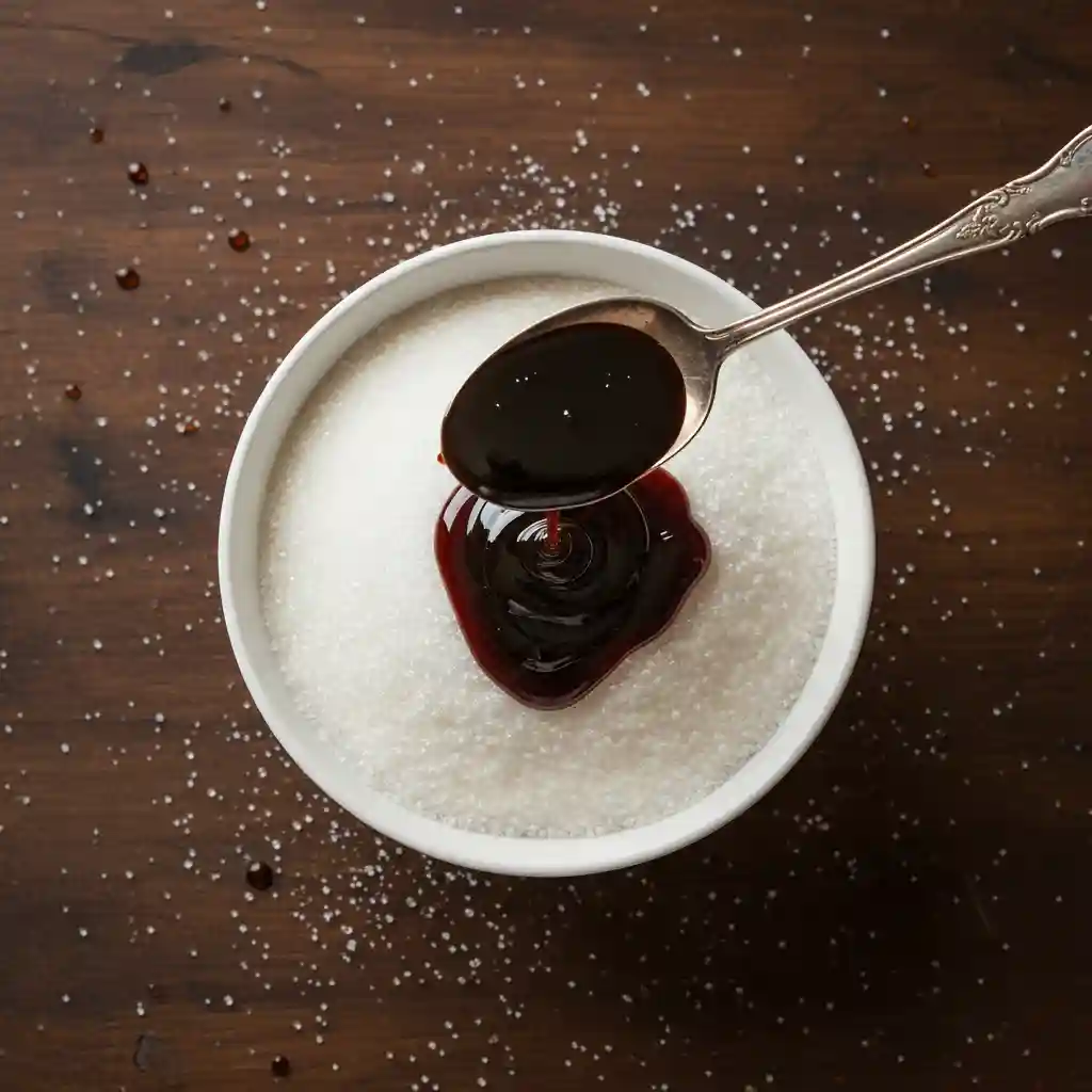 A bowl of white sugar with a spoon of dark molasses being poured over it to make homemade brown sugar.
