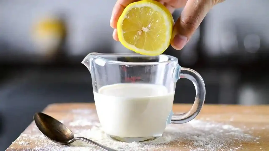 A glass measuring cup filled with milk, with a lemon being squeezed into it to make a buttermilk substitute.