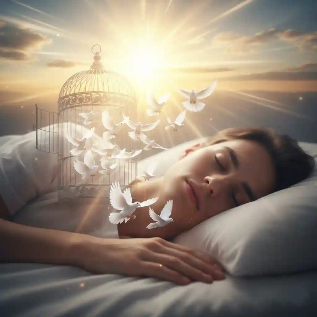 A surreal double-exposure art piece showing a sleeping woman merging with a flock of birds flying into the light, representing the soul's liberation and dream meanings.