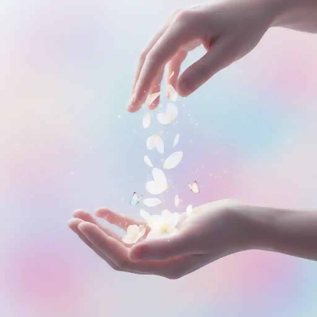 A surreal artistic interpretation of teeth falling into a hand but turning into white flower petals, symbolizing rebirth and growth instead of fear.