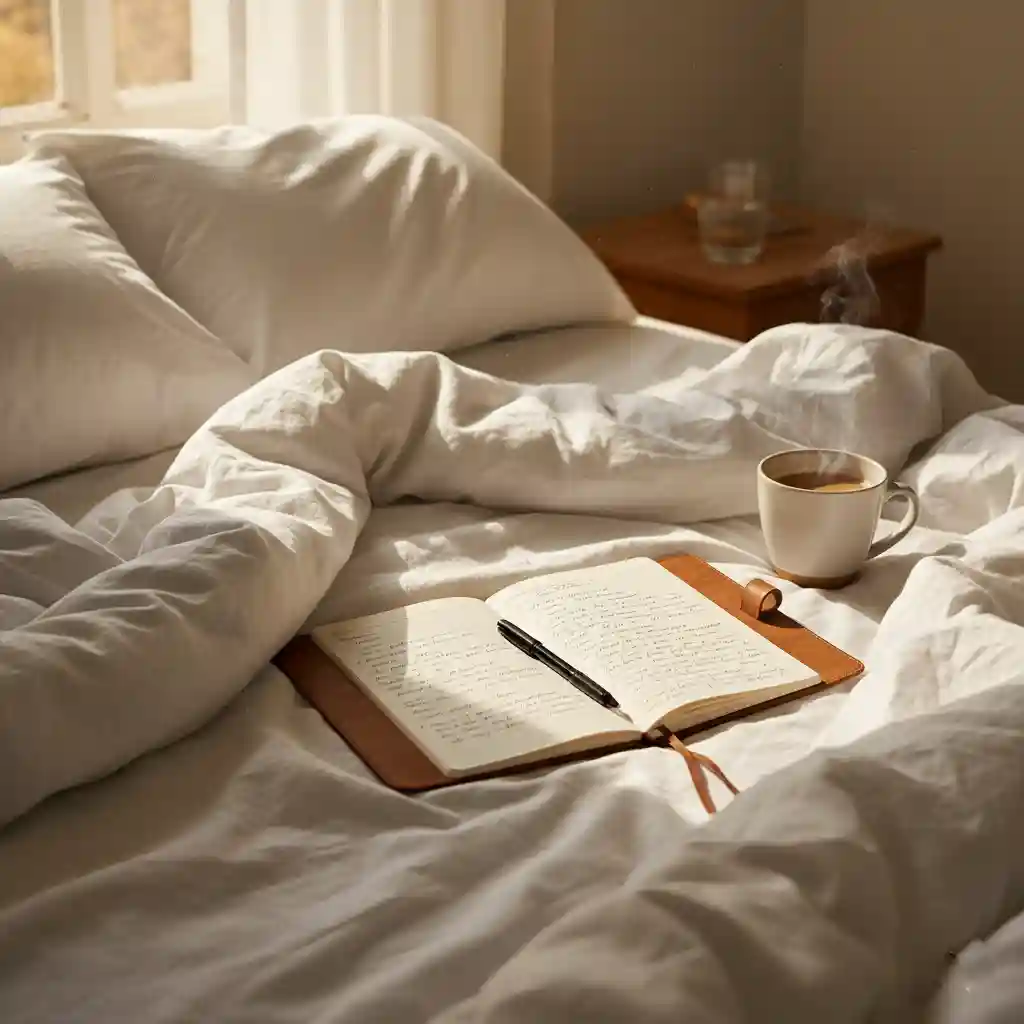 A notebook on a messy bed with the words "Dream Journal" written on it, next to a cup of coffee, symbolizing processing emotions.