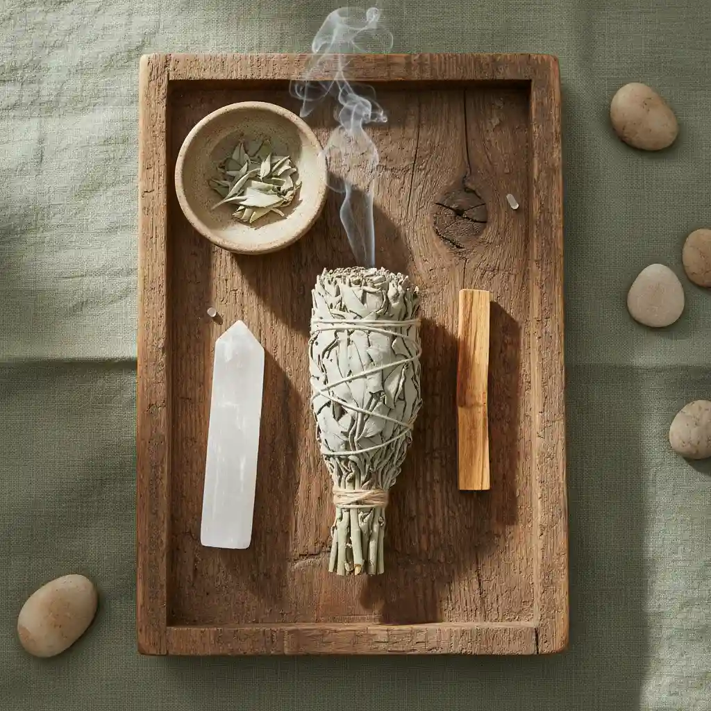 A spiritual wellness kit containing a bundle of white sage, a stick of palo santo, and a selenite wand on a wooden tray.