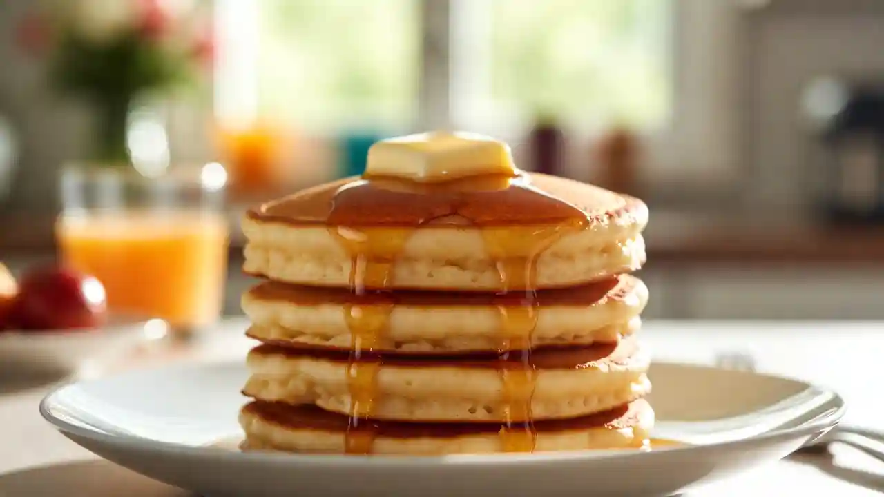 A stack of fluffy golden pancakes made with buttermilk substitute, topped with syrup and butter.