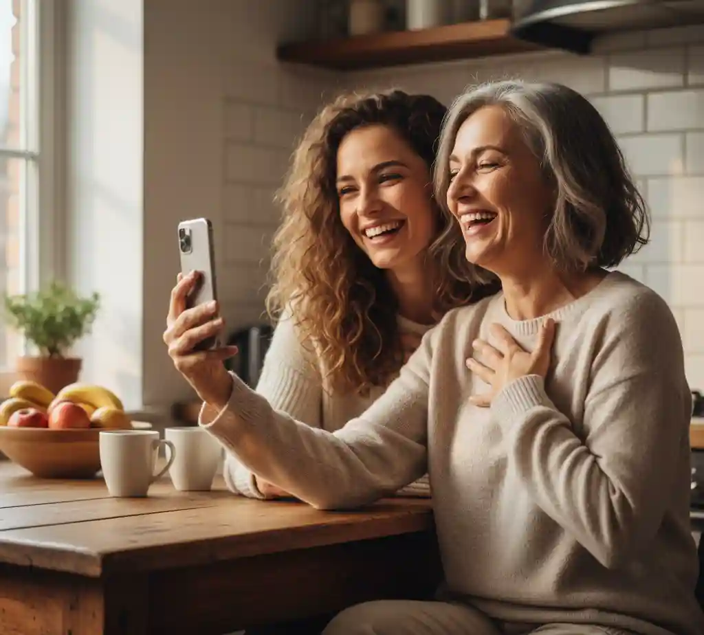 A daughter showing her smartphone screen to her laughing mother, sharing a funny contact name moment.