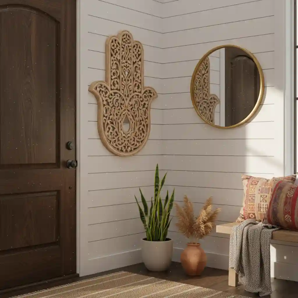 A beautiful Hamsa hand wall hanging near a bright entryway, symbolizing protecting the home from negative energy.