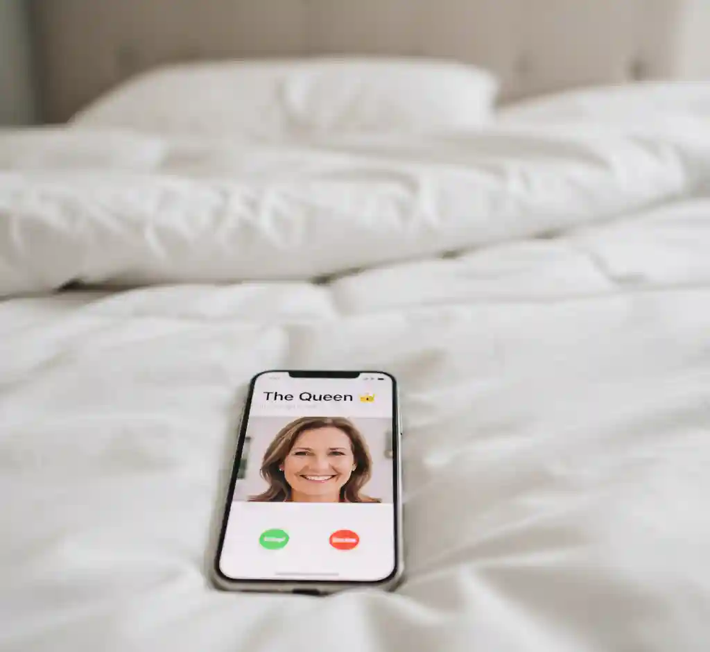 A smartphone screen showing an incoming call from "The Queen 👑" with a photo of a happy mom.