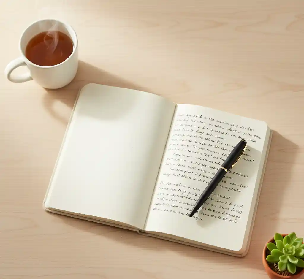A notebook open on a table with the words "Self-Care" written, surrounded by a pen and a cup of tea, symbolizing cognitive behavioral therapy exercises.