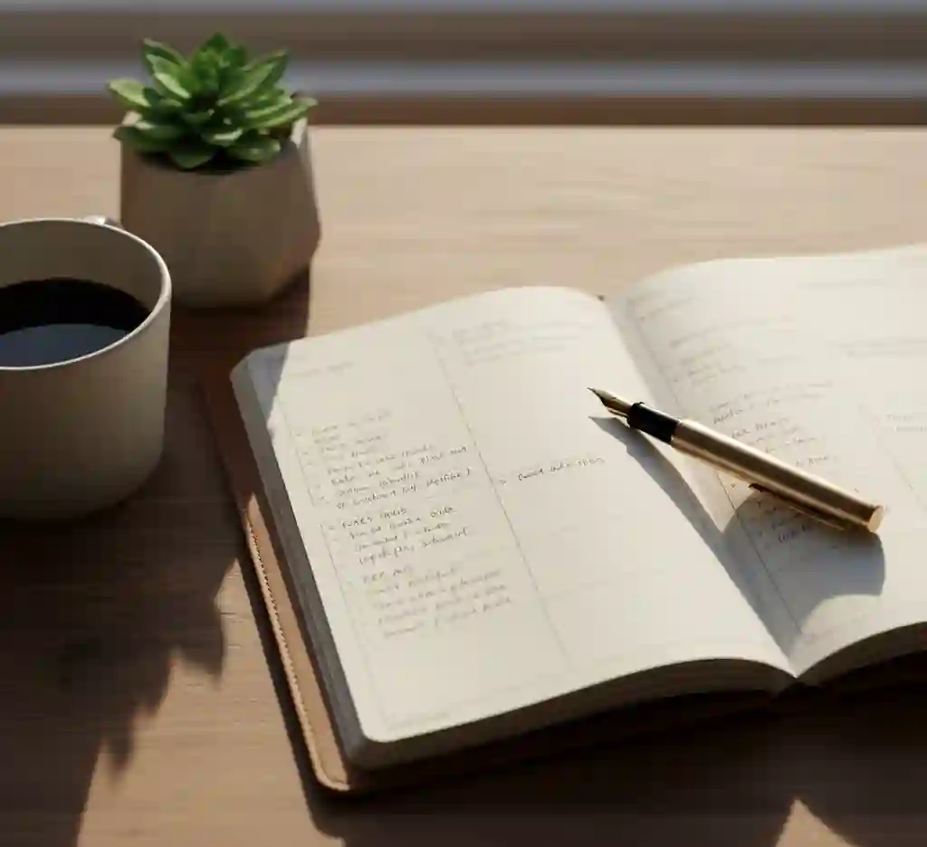 A close-up of a high-quality goal-setting planner on a wooden desk with a pen and coffee, representing productivity and organized growth.