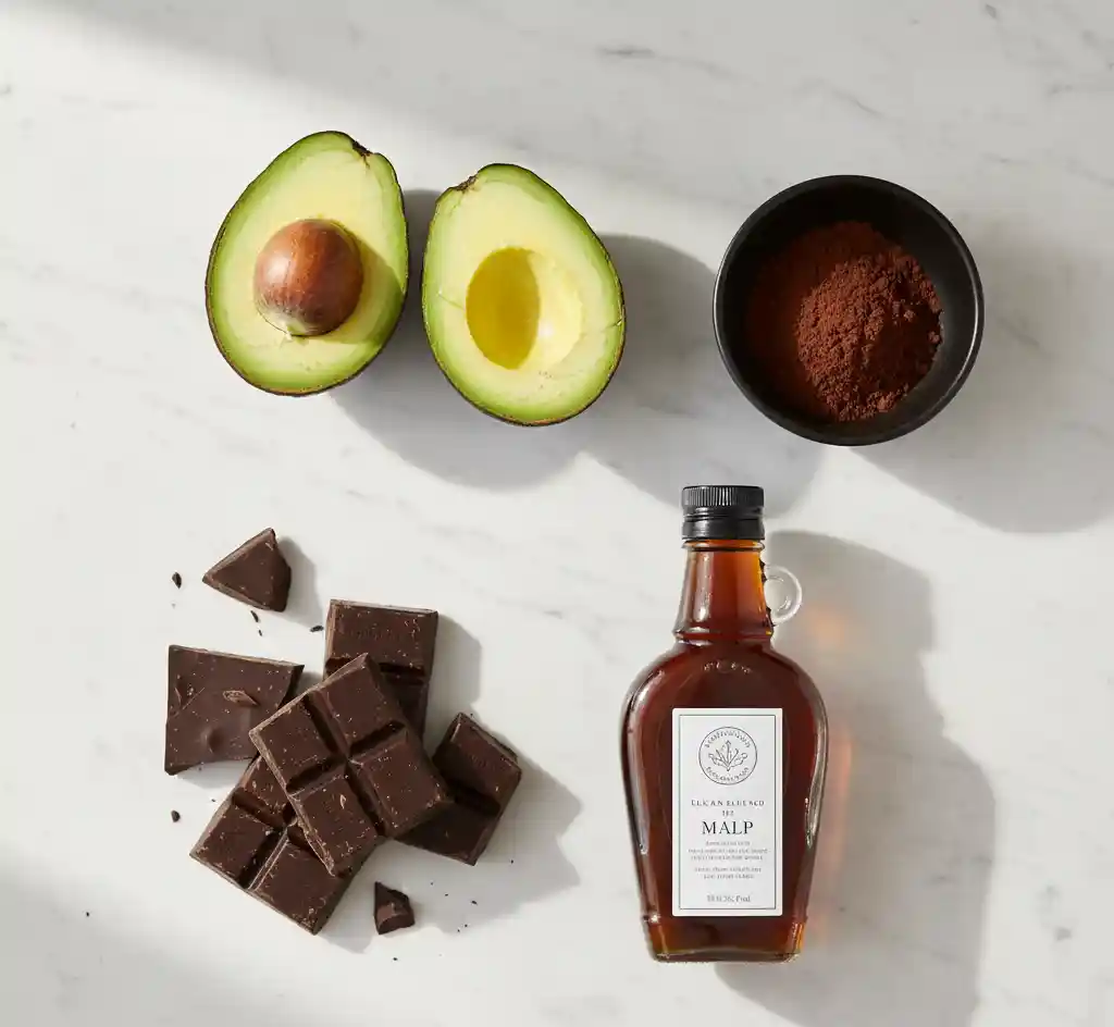 Flatlay of raw cacao powder, fresh avocados, and dark chocolate squares on a kitchen counter, highlighting ingredients for anxiety relief.