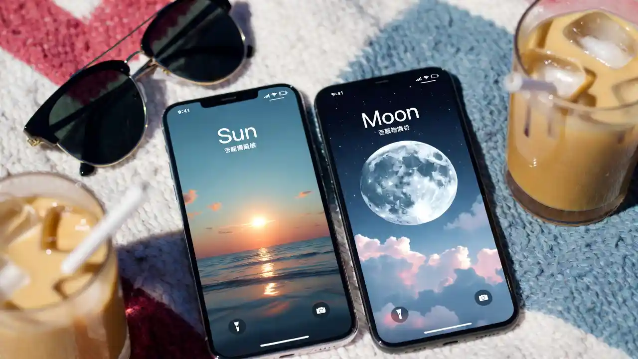 Two phones side-by-side showing matching contact names "Sun" and "Moon" with complementary wallpapers.