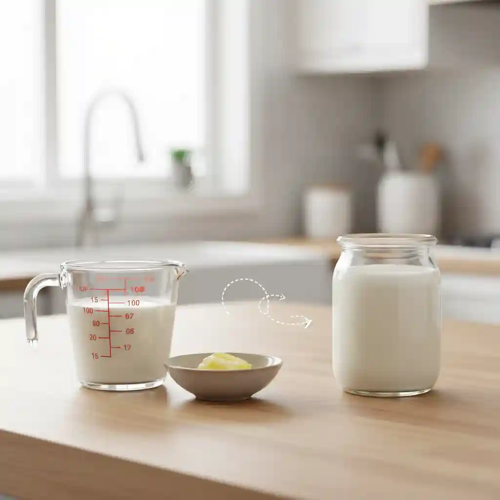 A split image showing a measuring cup of milk and a stick of butter next to a carton of heavy cream, representing the best DIY substitute.